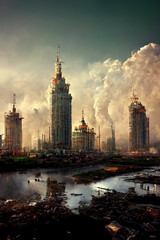 Obraz premium Post apocalypse city ruins with street crossing into the horizon. Desolate city ruins. Buildings on both sides of street with abandoned cars.