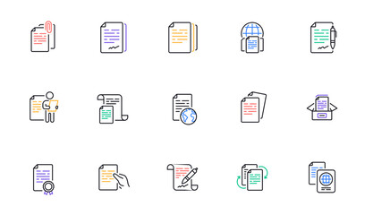 Documents line icons set. Copy files, Contract agreement, Passport. CV interview, documents workflow, attachment clip icons. Change files, bureaucracy and contract signature. Vector