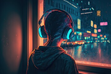 A girl with neon headphones looking out a rainy window at a night city, lofi hip hop music