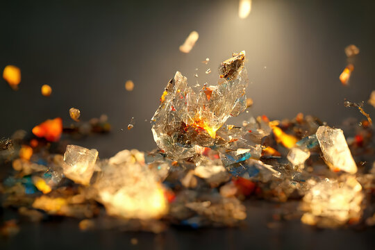 shattered broken bits of glass crystal. 
