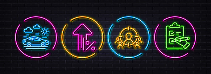 Car travel, Increasing percent and Business targeting minimal line icons. Neon laser 3d lights. Checklist icons. For web, application, printing. Transport, Discount, People and target aim. Vector