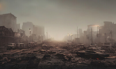 Post apocalypse city ruins with street crossing into the horizon. Desolate city ruins. Buildings on both sides of street with abandoned cars.