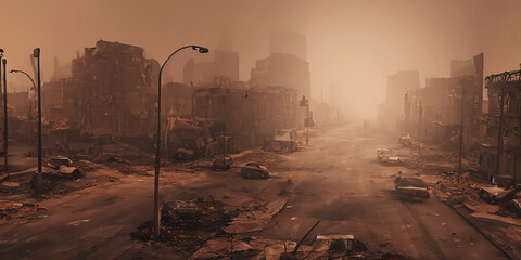 Post apocalypse city ruins with street crossing into the horizon. Desolate city ruins. Buildings on both sides of street with abandoned cars.
