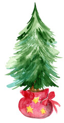 Obraz premium Christmas tree potted in a red bag watercolor illustration, New Year 600 dpi PNG with transparent background, gift bag, winter holidays, logo, poster, graphic elements 