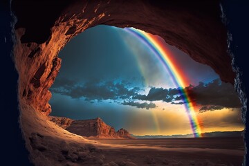 A beautiful and colorful rainbow in the blue sky viewed from an desert cave, generative ai