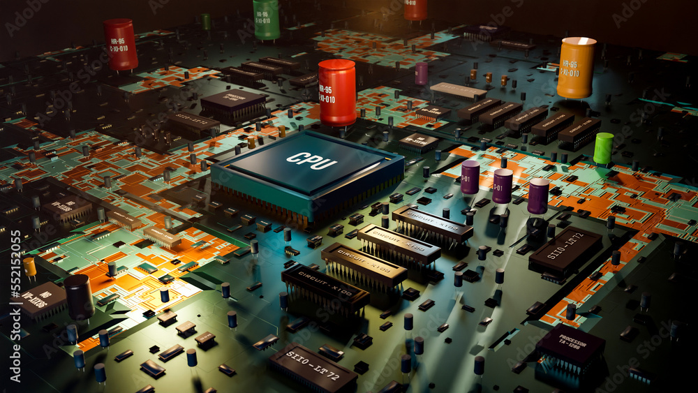Poster close-up cpu, circuits, transistors and semiconductor on the computer motherboard. integrated circui