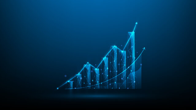 business graph growth digital marketing.rising stock chart on blue dark background. investment achievement successful. arrow income economy increase. vector illustration fantastic hi tech design.