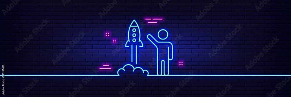 Poster neon light glow effect. launch project line icon. startup rocket sign. innovation symbol. 3d line ne