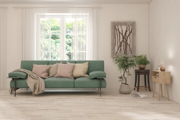 White living room with sofa and summer landscape in window. Scandinavian interior design. 3D illustration