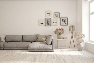 White living room with sofa. Scandinavian interior design. 3D illustration