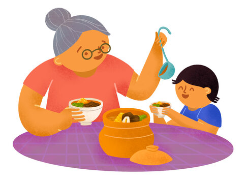 Filipino grandmother and grandson sharing bulalo in palayok