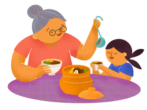 Filipino grandmother and granddaughter sharing bulalo in palayok