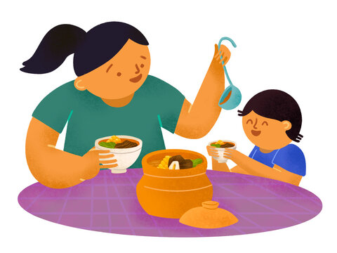 Filipino mother and son sharing bulalo in palayok