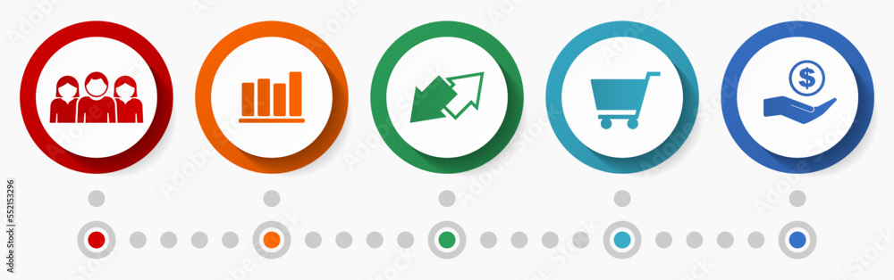 Poster shopping vector icons, flat design web button set, business colorful infographic template