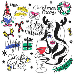 Set of stickers with a girl with bright makeup and holiday decorations