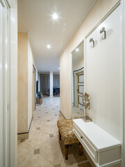 Modern light interior of hall in apartment. Mirror on wall. Brown ottoman. Living room.