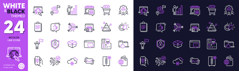 Marketplace, Target and Travel passport line icons for website, printing. Collection of Cyber attack, Like, Food market icons. Snow weather, Parking app, Paint brush web elements. Vector