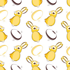 Happy Easter seamless pattern for greeting cards, posters. Trendy hand drawn repeat design with eggs and rabbits. Easter background for fabric and wrapping papper. 