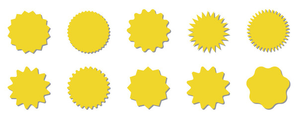 Starburst yellow sticker set - collection of special offer sale round shaped sunburst labels and badges isolated on white background. Circle stickers or buttons in form of star for promo advertising.