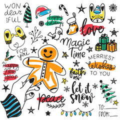 Gingerbread in hand, holiday decoration sticker set, holiday doodle set