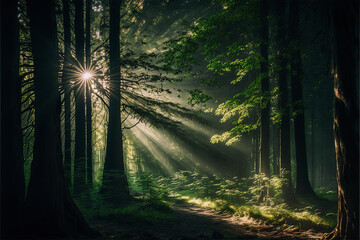 Fototapeta premium ai generative illustration of a green forest with sun rays