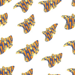 Repeating print with abstract funny shapes on a white square background. Dark blue curved forms in orange pattern.