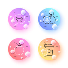 Coffee cup, Takeaway coffee and Orange minimal line icons. 3d spheres or balls buttons. Apple icons. For web, application, printing. Think bubble, Roasted bean, Fresh fruit. Vector