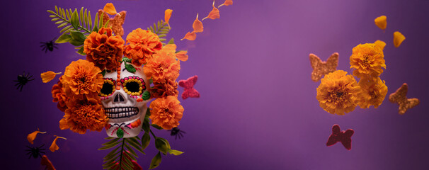 Fototapeta na wymiar Dia De Los Muertos or Day of the Dead Celebration Banner with Empty Space. Scull Decorated with Marigold flower. Mexican Traditional Festive.