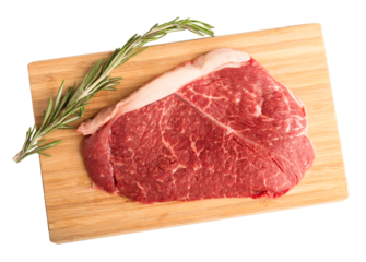 Fresh raw beef steak and rosemary sprig on a wooden cutting board. Isolated object on a transparent background. top view