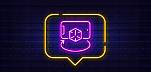 Neon light speech bubble. Augmented reality phone line icon. VR simulation sign. 3d cube symbol. Neon light background. Augmented reality glow line. Brick wall banner. Vector