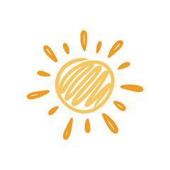 Doodle sun sketch illustration. Hand drawn cute orange sunshine. Scribble doodle children drawn style. Vector illustration