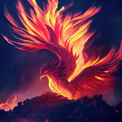 Phoenix raising from the ashes. An epic fiery bird glowing in the dark background night sky. 