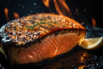Close Up of Salmon steak grill with juicy sauce and lemon slice. Generative AI.