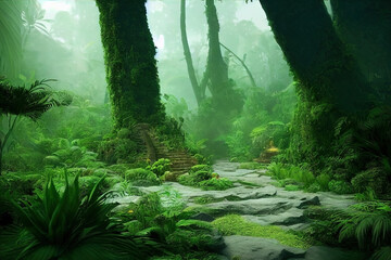 A lush Amazonian jungle clearing with stone Mayan temple ruins. Fantasy forest landscape with green trees and bushes.