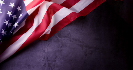 American Flag on the grey background with copy space . Border for Independence day or Veteran's day.