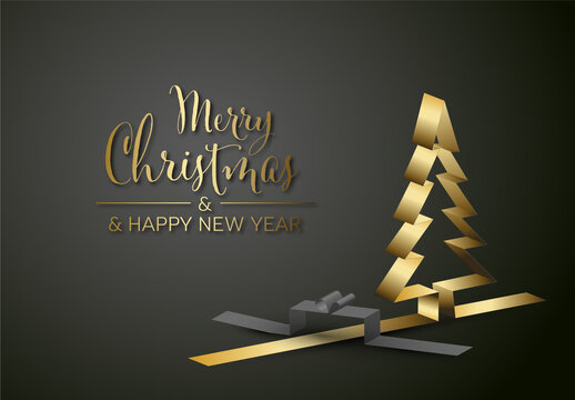 Merry Christmas card with agolden tree and gift box made from paper stripes on dark background
