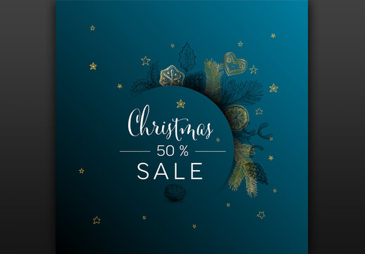 Vector dark blue vintage hand drawn Christmas sale card banner with golden gray elements