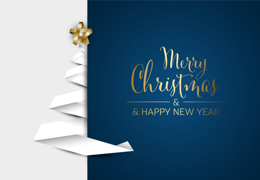 Simple vector Christmas card with white christmas tree made from paper stripe on dark blue background