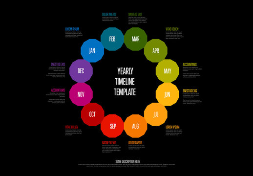 Full year timeline template with 12 month in rainbow circle dark version