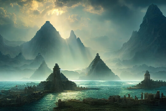 Lost city of Atlantis. Ancient city ruins. Water, ocean, sea ruins. Collection 