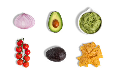 High view of guacamole ingredients, onion, tomato, avocado, nachos and guacamole sauce isolated on...