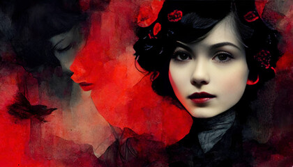 Fototapeta premium all that we see or seem is but a dream within a dream, red mixed with black, dreary design, style of Edgar Allen Poe