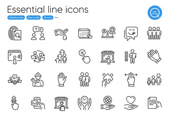 Hand, Delivery market and Video conference line icons. Collection of Wash hands, Hold heart, Employee result icons. Safe time, Messenger mail, Hold document web elements. Reject click. Vector