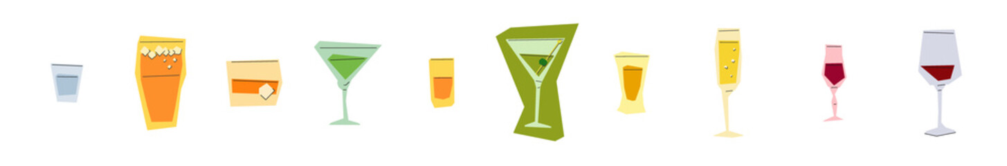 Vodka beer whiskey vermouth rum martini tequila champagne liquor red wine glass on white background. Cartoon sketch design. Flat style. Colored hand drawn image. Party drink concept for restaurant