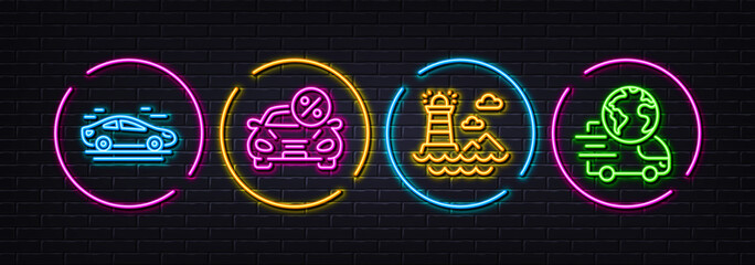 Lighthouse, Car leasing and Car minimal line icons. Neon laser 3d lights. Delivery service icons. For web, application, printing. Navigation beacon, Transport discount, Transport. Vector - obrazy, fototapety, plakaty