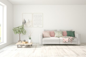 White living room with sofa. Scandinavian interior design. 3D illustration