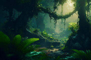 Fototapeta na wymiar Lush Green Foliage in Tropical Jungle made with Generative AI