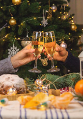 Champagne on the Christmas table. Selective focus.