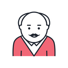 Color aged man icon. Sticker for social networks and messengers, senior with mustache. Metaphor of online doctor help and specialist consultation, interface. Cartoon flat vector illustration