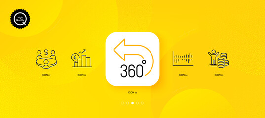 Column diagram, Budget profit and 360 degrees minimal line icons. Yellow abstract background. Meeting, Euro rate icons. For web, application, printing. Sale statistics, Trader, Full rotation. Vector